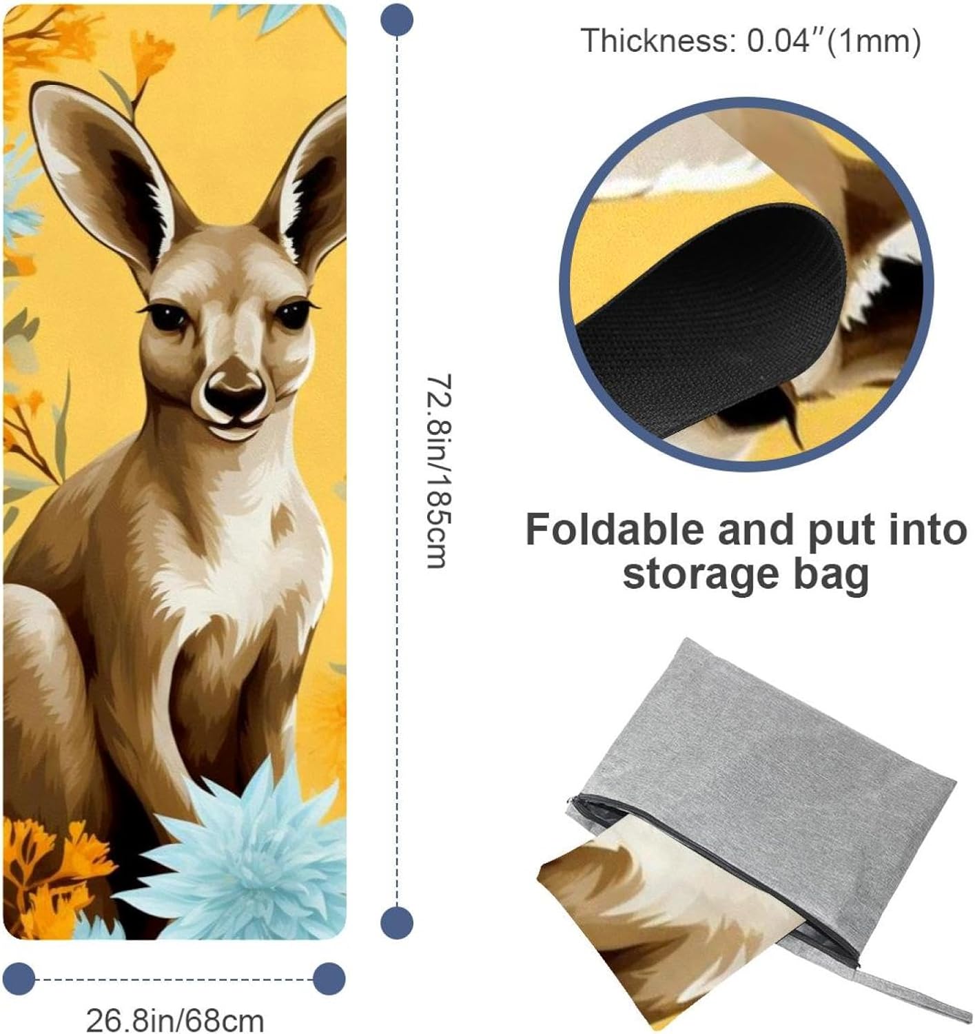 Yoga Towel, Kangaroo Pattern Non Slip Sweat Absorbent Hot Yoga Mat Towel for Hot Yoga, Pilates and Fitness - 72.8" x 26.8"