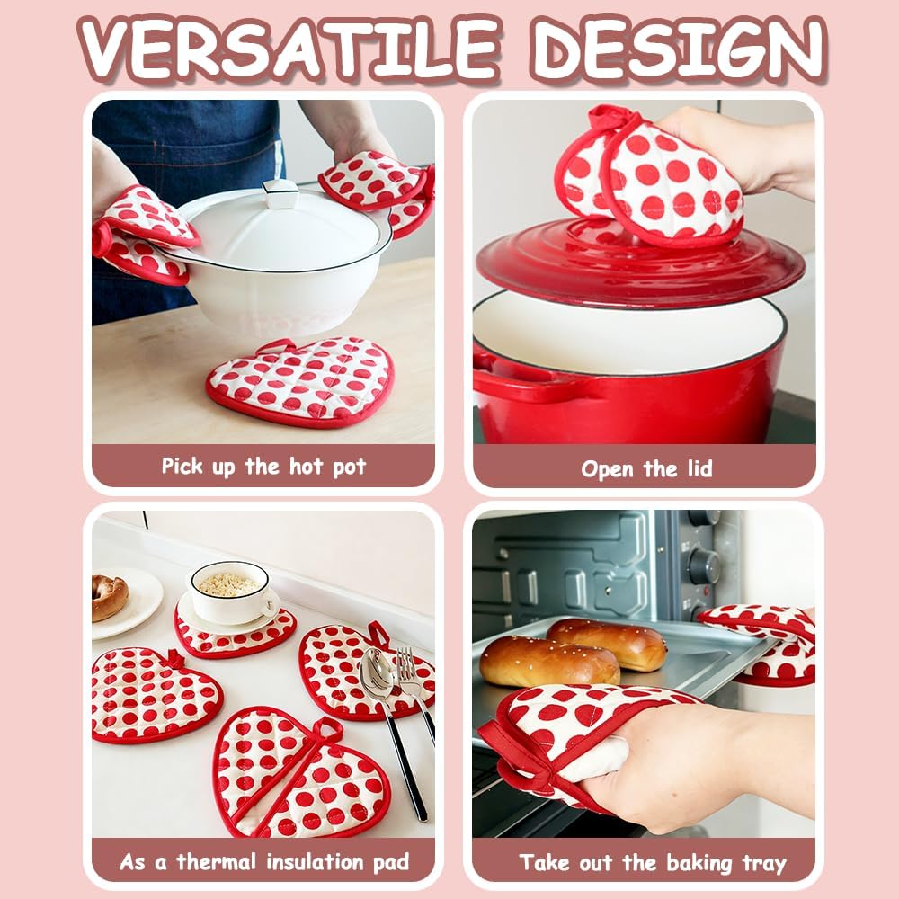 Heart Shape Pot Holders Oven Mitts, 2 in 1 Heat Resistant Oven Gloves Hot Pads with Hanging Loop, Potholder for Cooking Baking Grilling BBQ Kitchen Use Machine Washable, 2 Pieces, Red