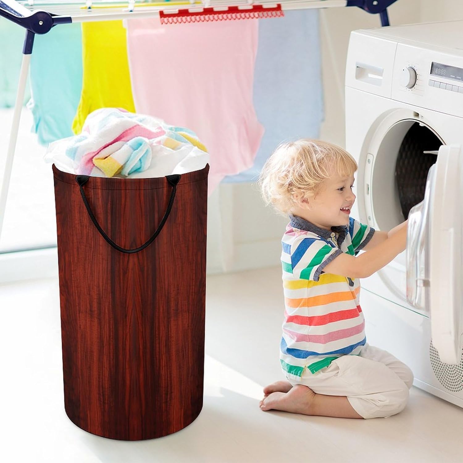 Red Wood Laundry Hamper with Handles Freestanding Large Laundry Basket Collapsible Clothes Hamper Waterproof Clothes Basket for Family Bathroom Decor Storage 86L
