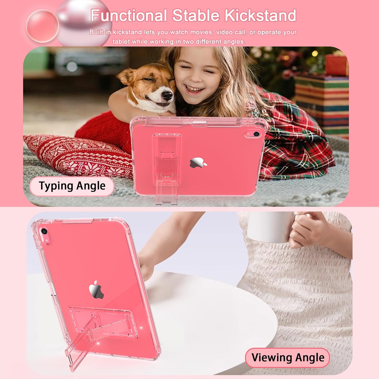 Rantice iPad (A16) 11th/10th Generation Case, Pencil Holder & Kickstand - Slim, Clear and Shockproof Bumper for Women and Girls, Pink Clear - Image 5
