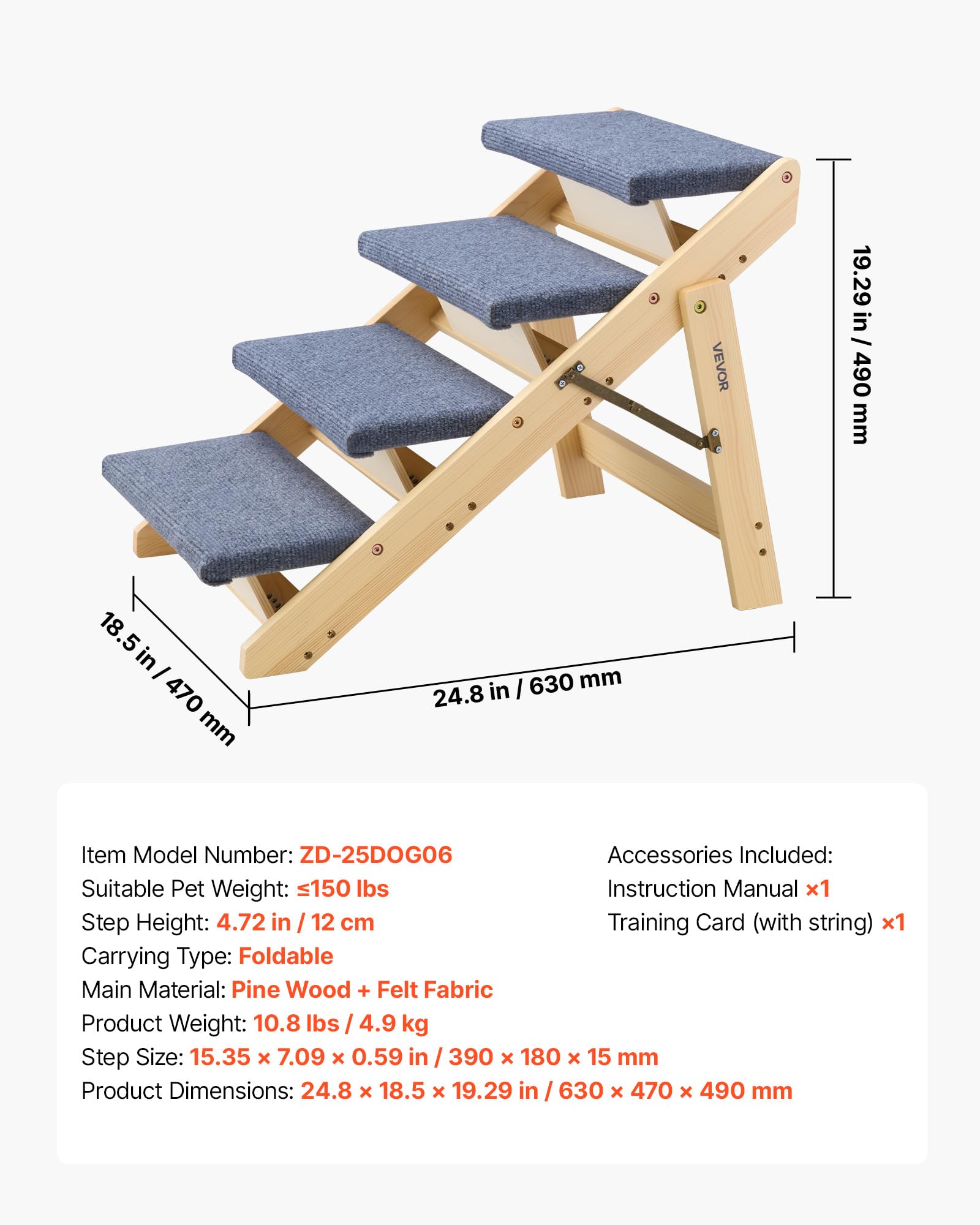 VEVOR Hundetreppe 630x470x490 mm, 4-stufige Hautiertreppe, klappbare Holztreppe geeignet für kleine, mittlere, große, ältere Haustiere sowie Welpen bis 68 kg, Hundeleiter für Betten, Sofas & Autos