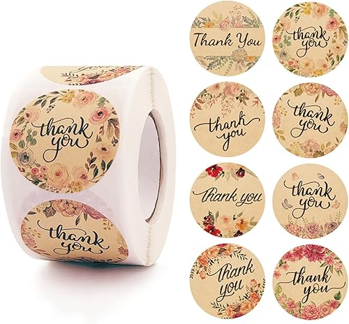 LaSiveo - Calcomanías de agradecimiento de papel kraft de 1.5 pulgadas, 500 unidades, etiquetas redondas con patrones de flores, 8 diseños, rollo de