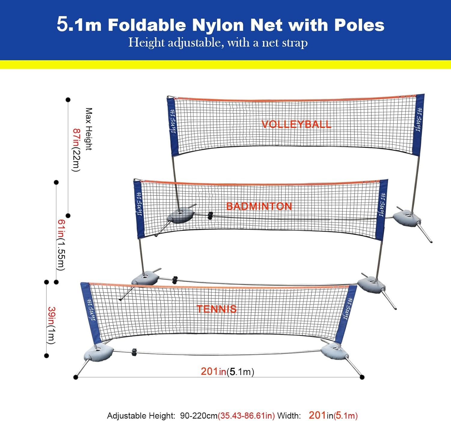 Portable Badminton Volleyball Tennis Net Set Multi-Purpose Sports Equipment with Poles Stand and Carry Bag for Kids Adult Outdoor Exercise