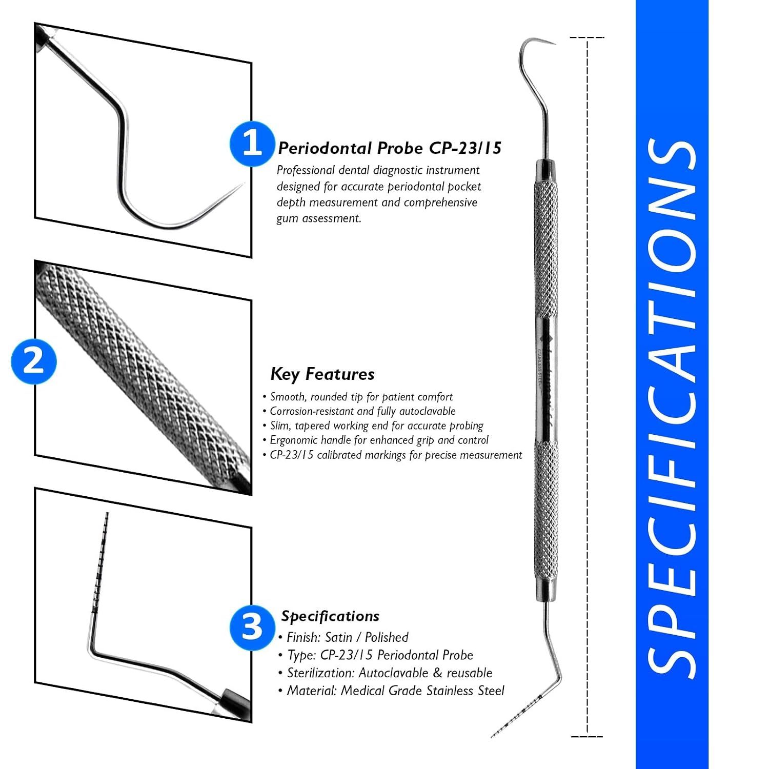 10Pcs Professional Dental Probe & Explorer Set - UNC15/23 Periodontal Instruments, 1-15mm Color-Coded, Lightweight Hollow Handle - for Dentists, Hygienists & Dental Schools