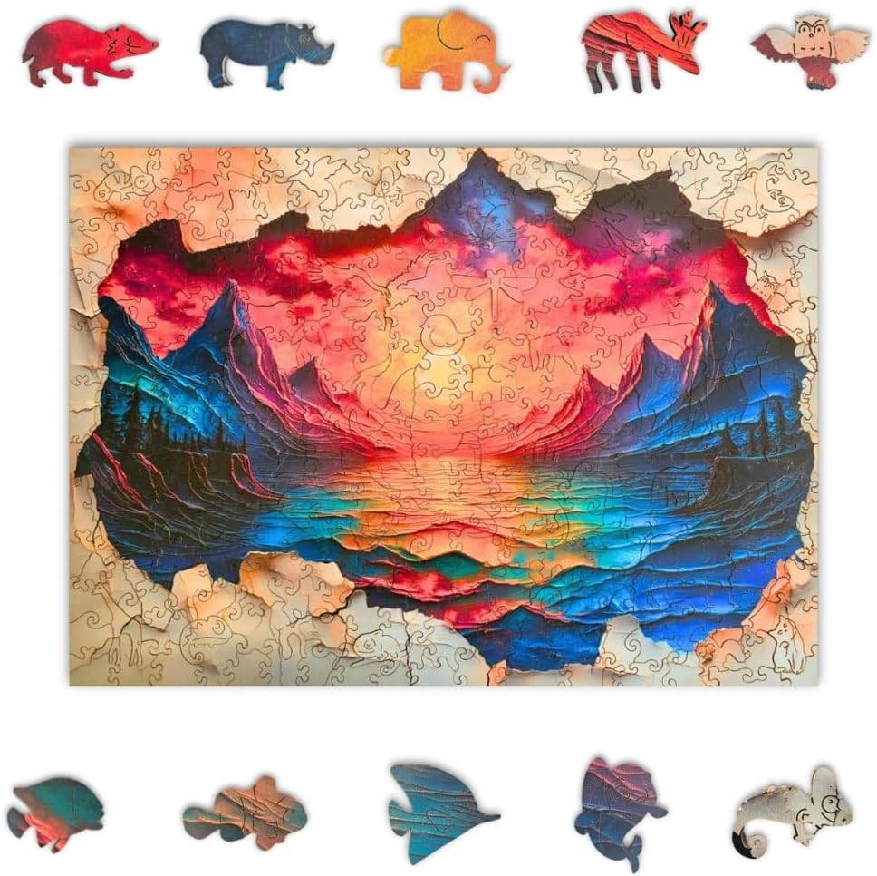 Wooden Puzzles for Adults, 300Pieces Premium Wooden Jigsaw Puzzle with Fantastic Sunset Rainbow Design, Colorful Artistic Puzzle, Relaxing Family Game and Gift for Adults&Kids 300 Pieces