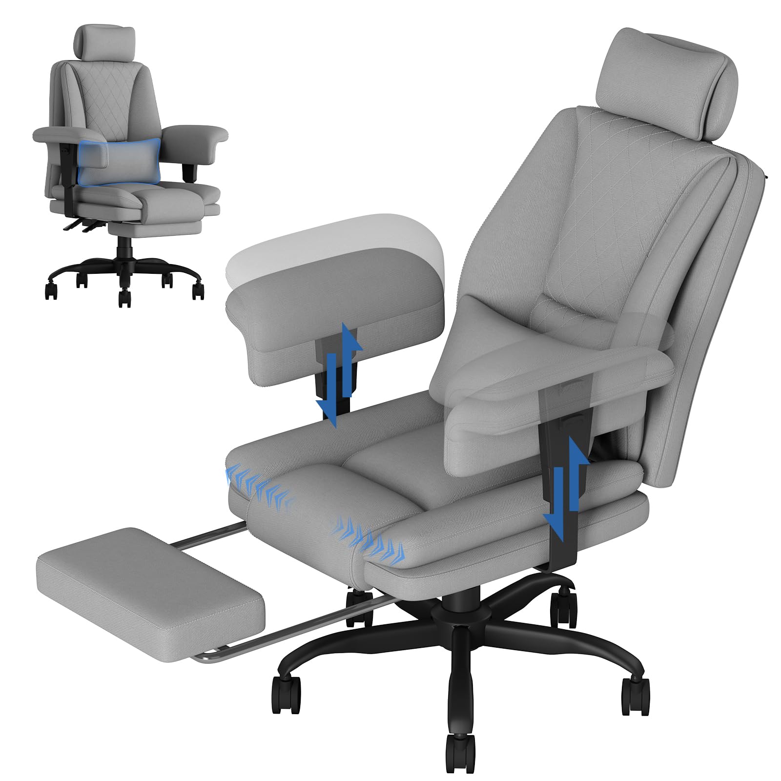 WUPY Big and Tall Desk Chair, Heavy Duty Executive Office Chair with Footrest, Ergonomic Extra Wide Office Chairs for Long Hours of Work and Gaming, Fabric High Back Gaming Chairs, 3D-Armrest, Grey