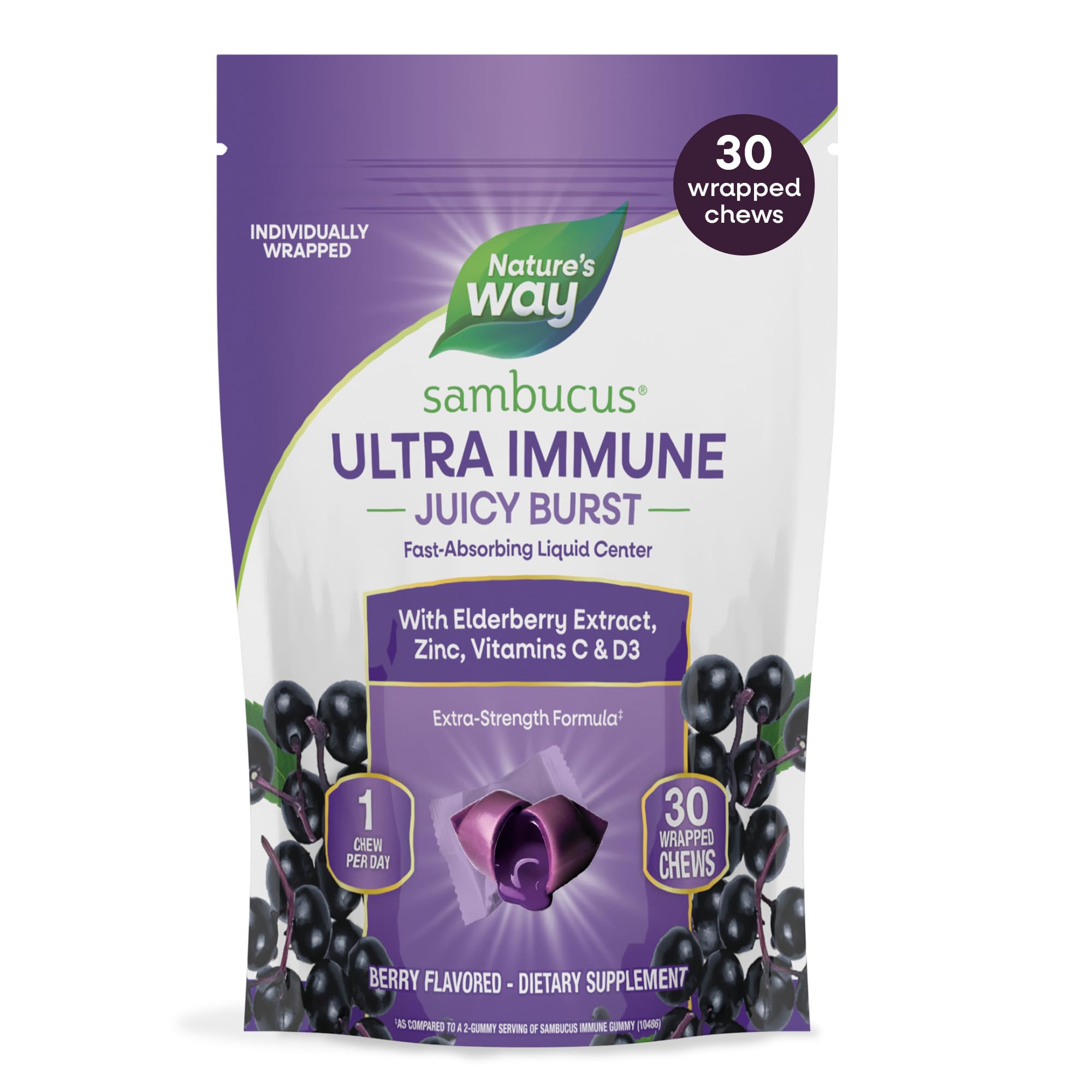 Nature's Way Sambucus Ultra Immune Juicy Burst Chews*, Berry, 30 ct 30 Count (Pack of 1)