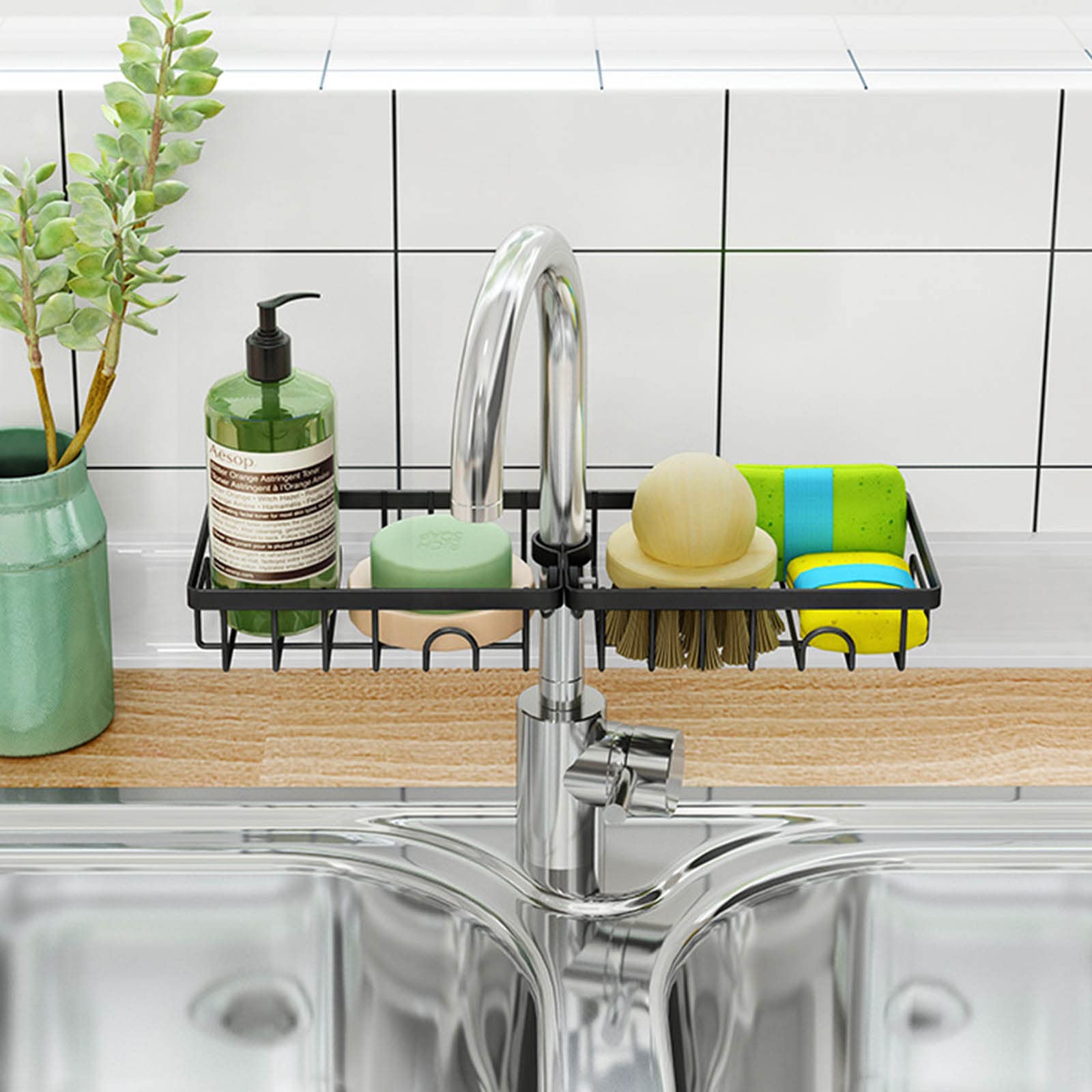 Voxmix 2 Pcs Soap Sponge Sink Caddy Dish Holder Drainer Rack for Kitchen Bathroom Tap - Metal,22 X 10 X 7 CM, Black