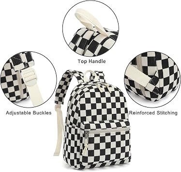 Corduroy Mini Backpack Purse Fashion Small Backpack Casual Daypack for Women Girls School Travel (Checkered Black)