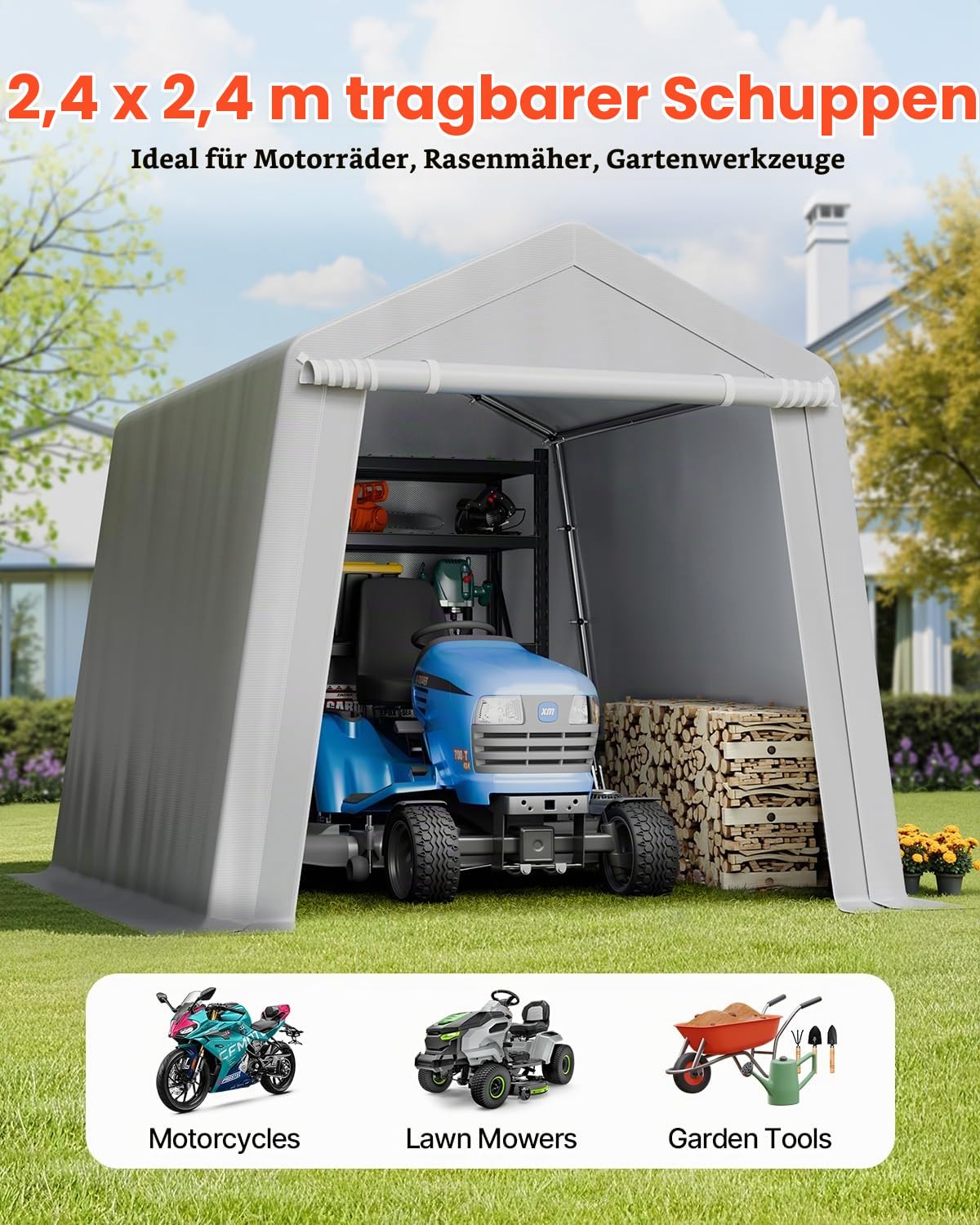 VEVOR Gerätehaus, 243,8x243,8x229cm, Garagenzelt aus PE, Geräteschuppen, Fahrradgarage, Gartenschuppen, Carport, Fahrradschuppen, Aufbewahrungsgarage für Motorrad, Rasenmäher, Fahrrad, grau