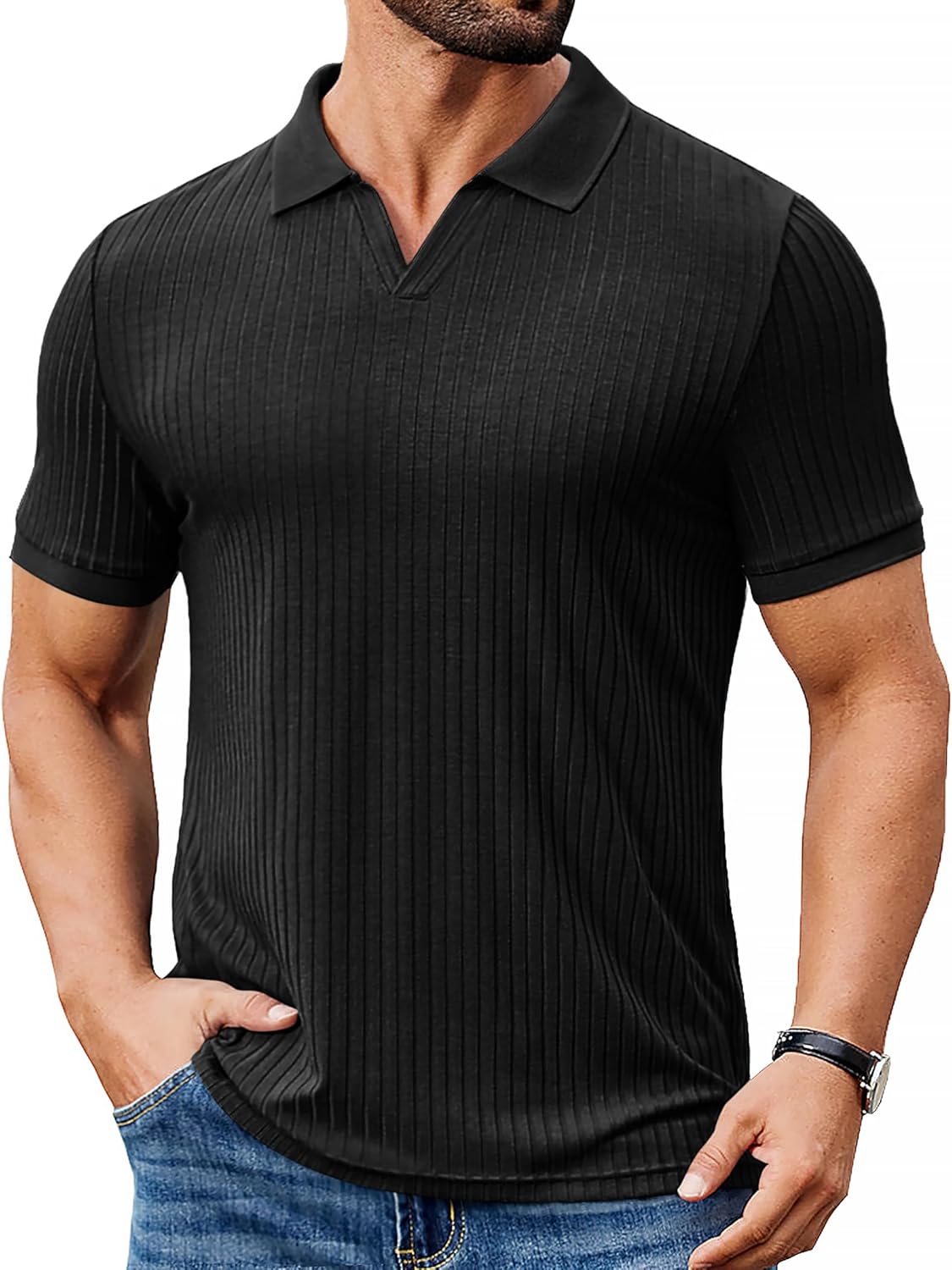 COOFANDY Men's Ribbed Polo Shirts Short Sleeve V Neck Slim Fit Polo T-Shirt Casual Summer Collared Golf Shirt