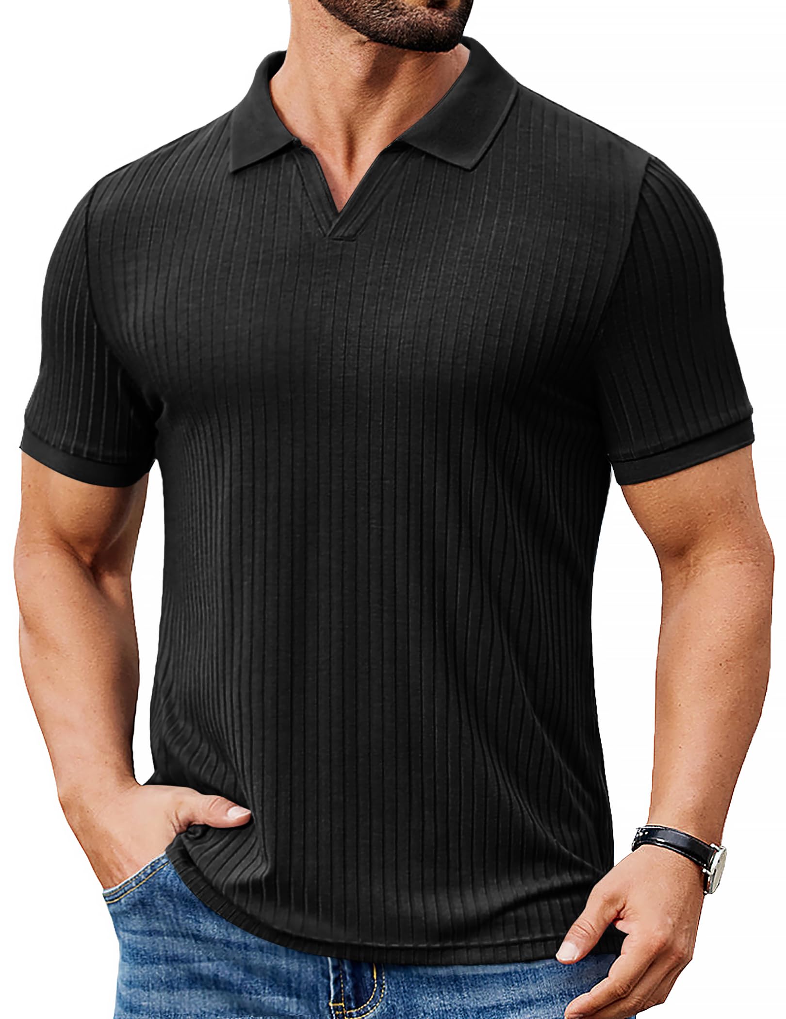 COOFANDY Mens Ribbed Polo Shirts Short Sleeve V Neck Slim Fit Polo T-Shirt Casual Summer Collared Golf Shirt