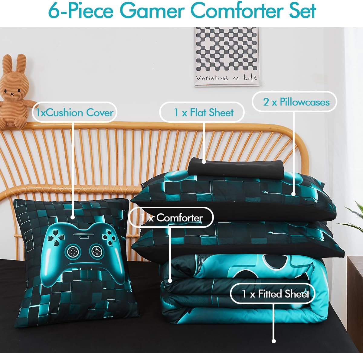 PERFEMET Gamer Bedding Set Twin Size 6-Piece Teal Blue Game Console Bed in A Bag for Boys Kids Teen 3D Black Gamepad Gaming Bedroom Collections(Teal, Twin)