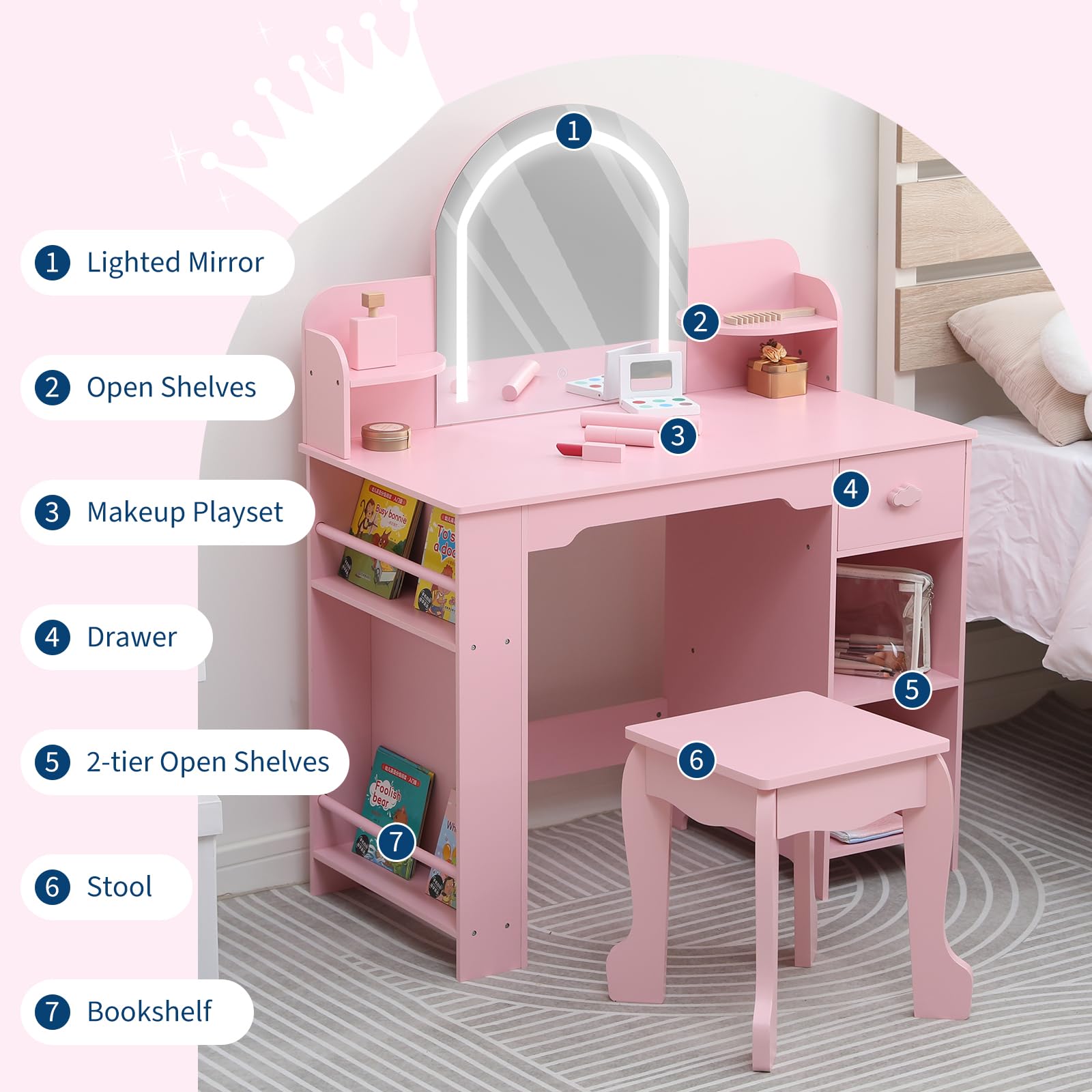 Coiffeuse Enfant Fille avec Miroir LED Lumineux et Tabouret, Bureau Enfant 2 en 1 avec Tiroir et Étagères, Coiffeuse en MDF à Bords Arrondis pour Chambre d'Enfant, Cadeau pour Fille de 3 à 8 Ans