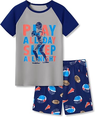 Beezizac Boys Pajamas, Teal & Navy Face Short-Sleeve and Shorts, Sizes 6-18 | 2-piece Summer PJs, Contrast Colors, Raglan Sleeves, Classic Crewneck, Elastic Waistband, Side Pockets, Little and Big Kids