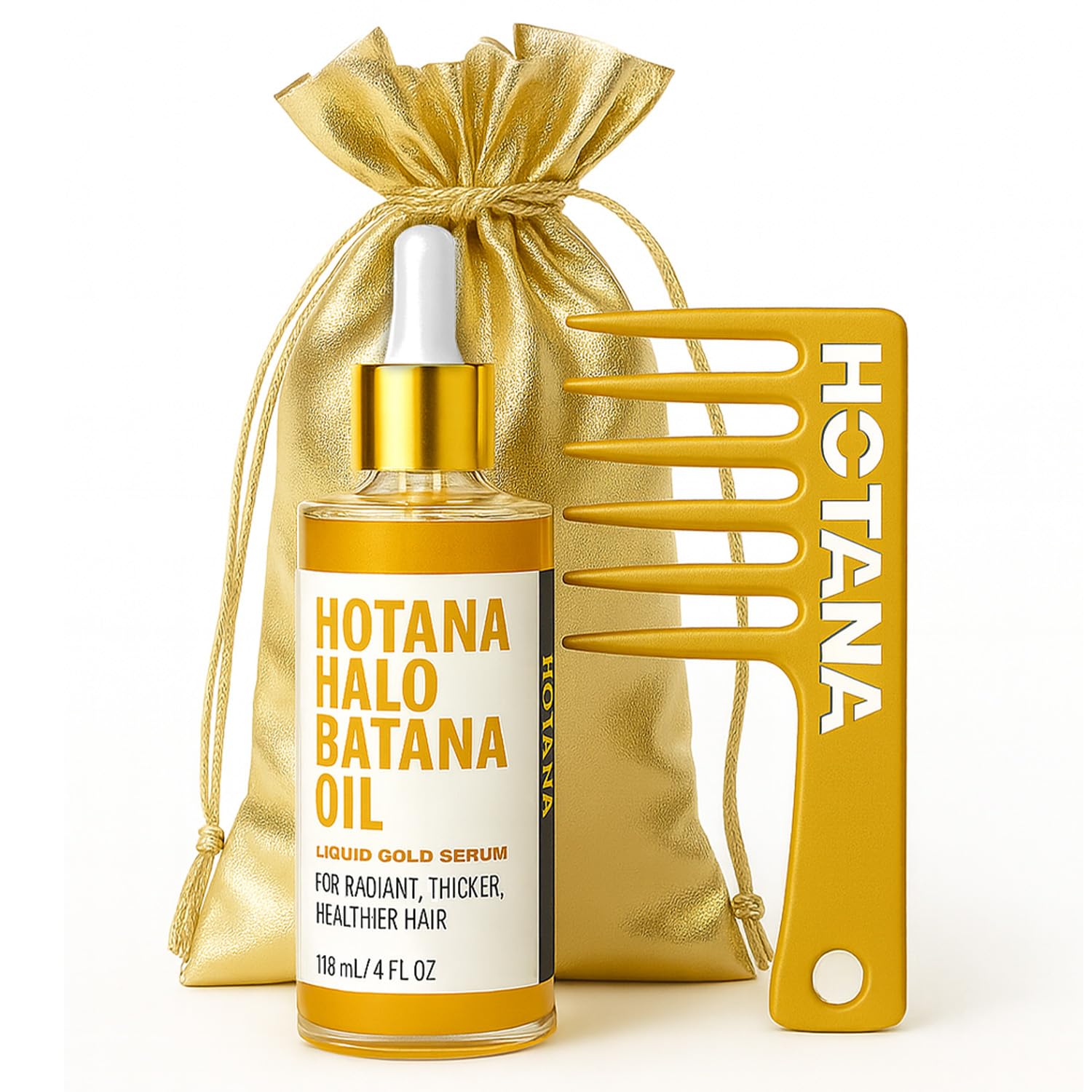 The-Mix-Up Batana Oil for Hair Growth, Halo Liquid Gold Serum - Raw Batana Oil with Kukui and Tiare Absolute Gardenia - Widetooth Gold Comb, Gold Bag - Holiday Gift Ready Gift Set