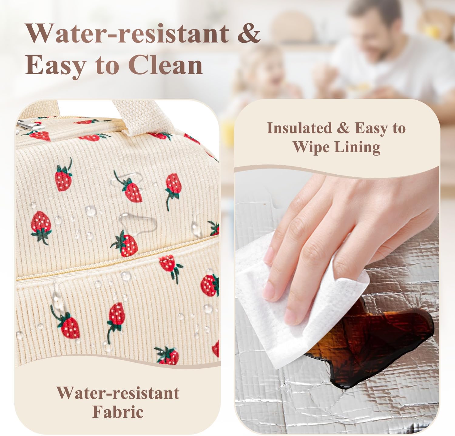 Lunch Box for Women, Cute Strawberry Corduroy Insulated Lunch Bag Women Reusable Work Leakproof Simple Adults Large Lunch Boxes Tote Bag Men Cooler Bag - Image 8