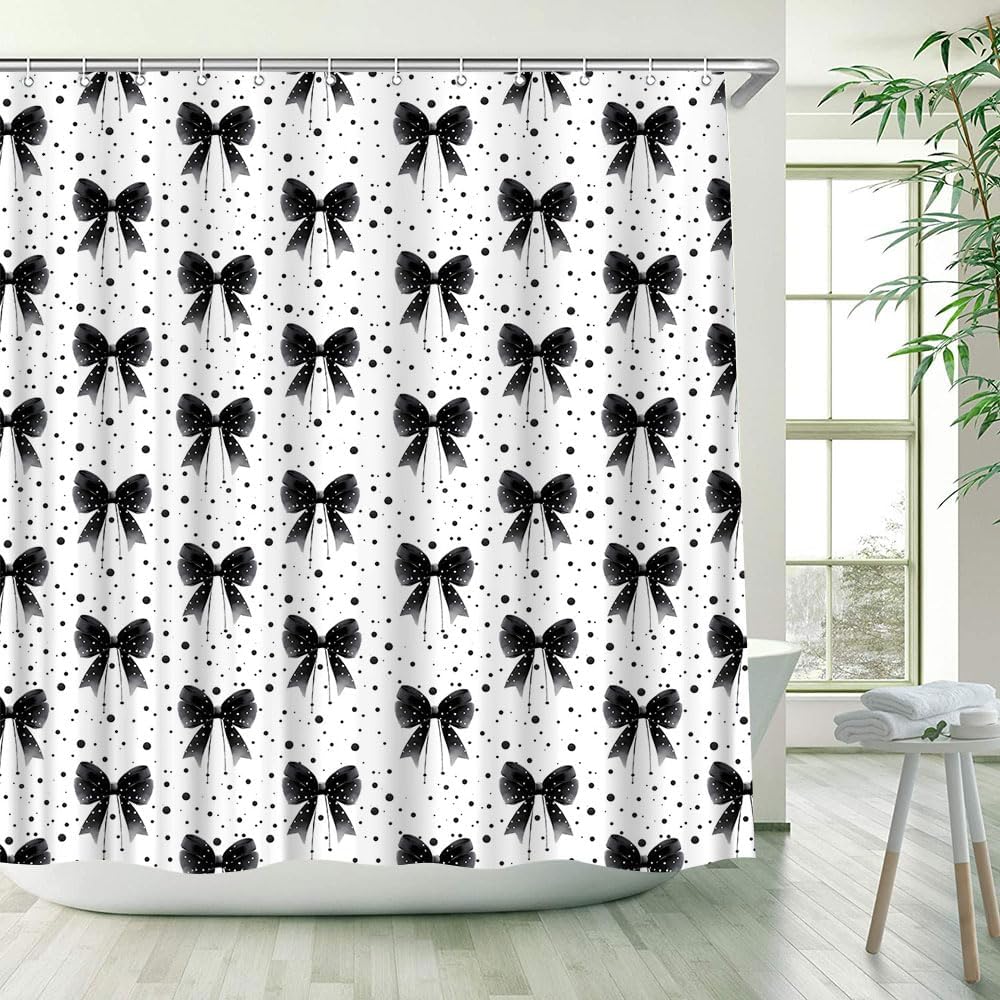 Cute Bowknot Shower Curtain Black and White Bow Abstract Polka Dot Fashion Modern Romantic Girls Fantasy Valentine's Day Princess Bathroom Decor Polyester Fabric Curtains with Hook 70Wx80H Inches