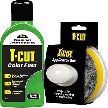 T-Cut Color مزيل سريع للخدش باللون الأخضر الداكن، طلاء شمع السيارة، محسن اللون، مجموعة أدوات تطبيق الألياف الدقيقة لشمع السيارة بوزن 17 أونصة وT-Cut، احصل على لمسة نهائية ناعمة ولمعان مجاني للخط الاحترافي