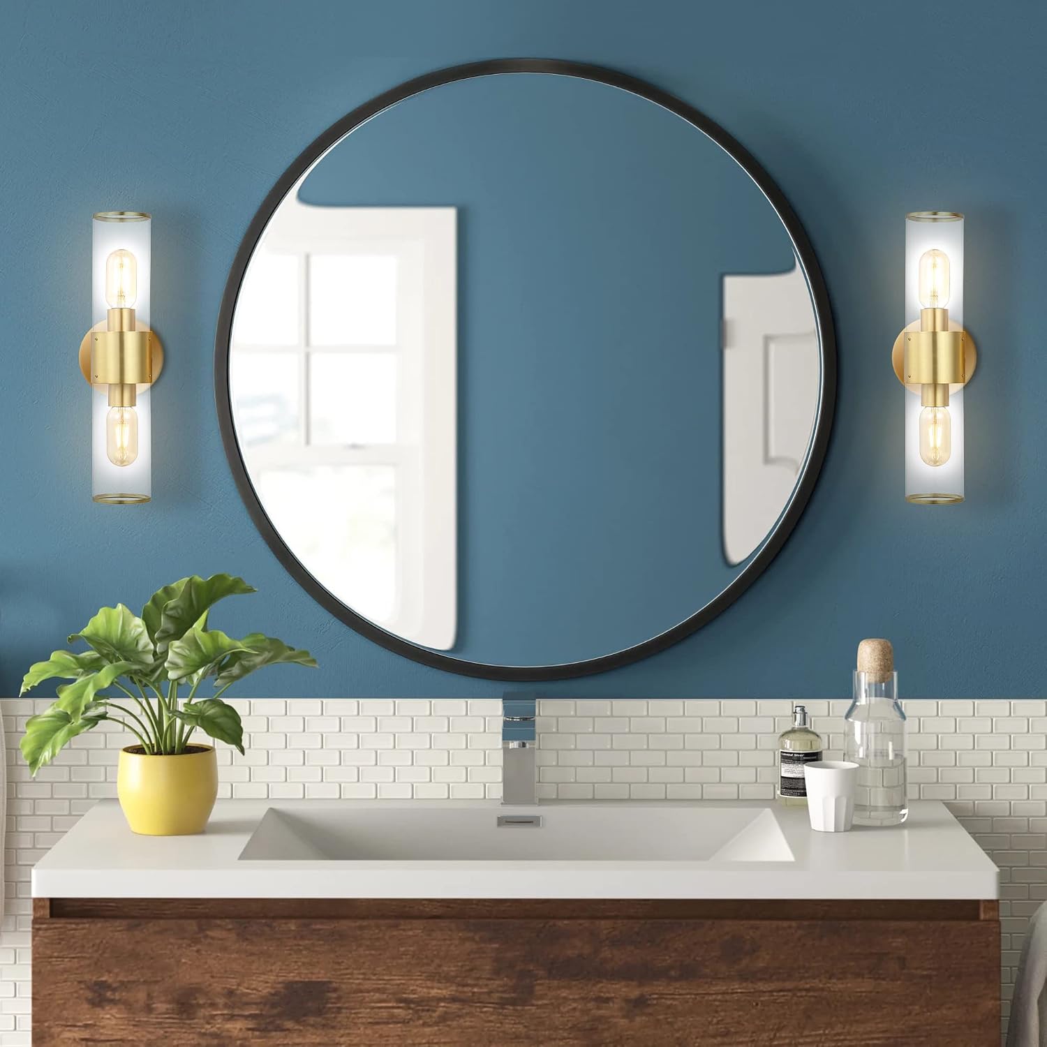 JONATHAN Y 15.5" Brass Gold 2-Light Modern Iron LED Wall Sconce for Bathroom Vanity Kitchen Hallway, Clear Acrylic Shade, LED Bulbs Included JYL9913A