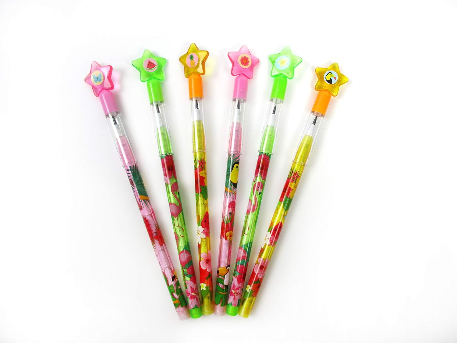 TINYMILLS 24 Pcs Flamingo Tropical Luau Multi Point Stackable Pencil with Eraser for Flamingo Luau Birthday Party Favor Prize Carnival Goodie Bag Stuffers Classroom Rewards