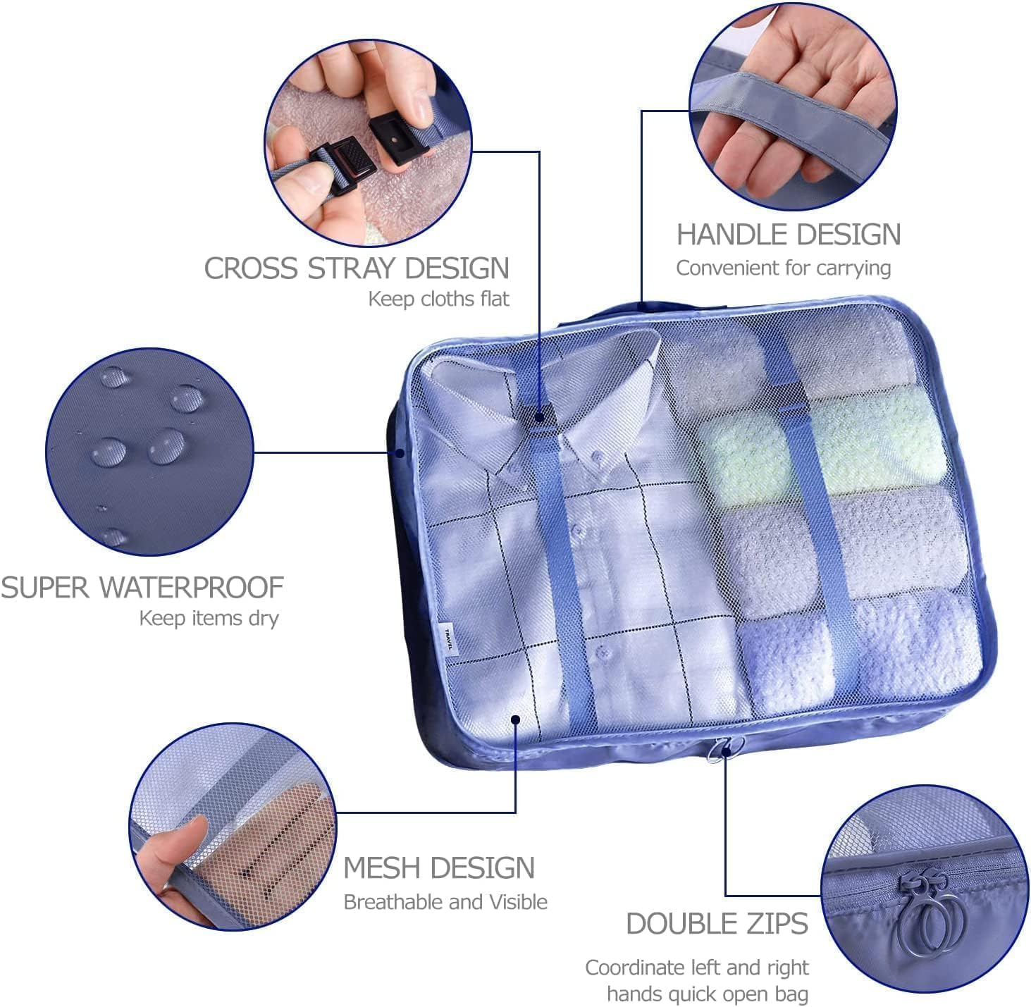 Packing Cubes for Travel，Mesh Luggage Organizers with Laundry Pouches、Shoe Bag，Hangable Toiletry Bag with Metal Hook Travel Accessories Essentials (Dark blue)