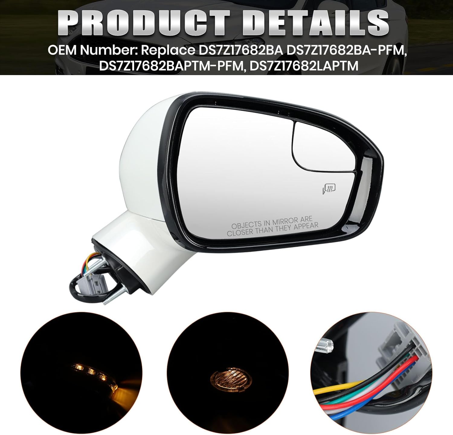 Passenger Side Mirror Compatible with Ford Fusion 2013-2016 Sedan S SE SE Hybrid, Heated, with Turn Signal, Puddle Light, Blind Spot, Manual Folding, Power Mirrors Replace DS7Z17682BA (Right White)