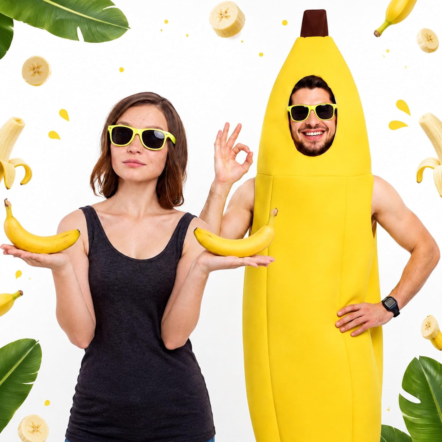 2 Pcs Halloween Banana Costume with Glasses Set, Funny Fruit Costume Adult | Yellow Banana Cosplay Costume Accessories for Men Women, Halloween Food Suit Dress up Party and Roleplay Cosplay image 3