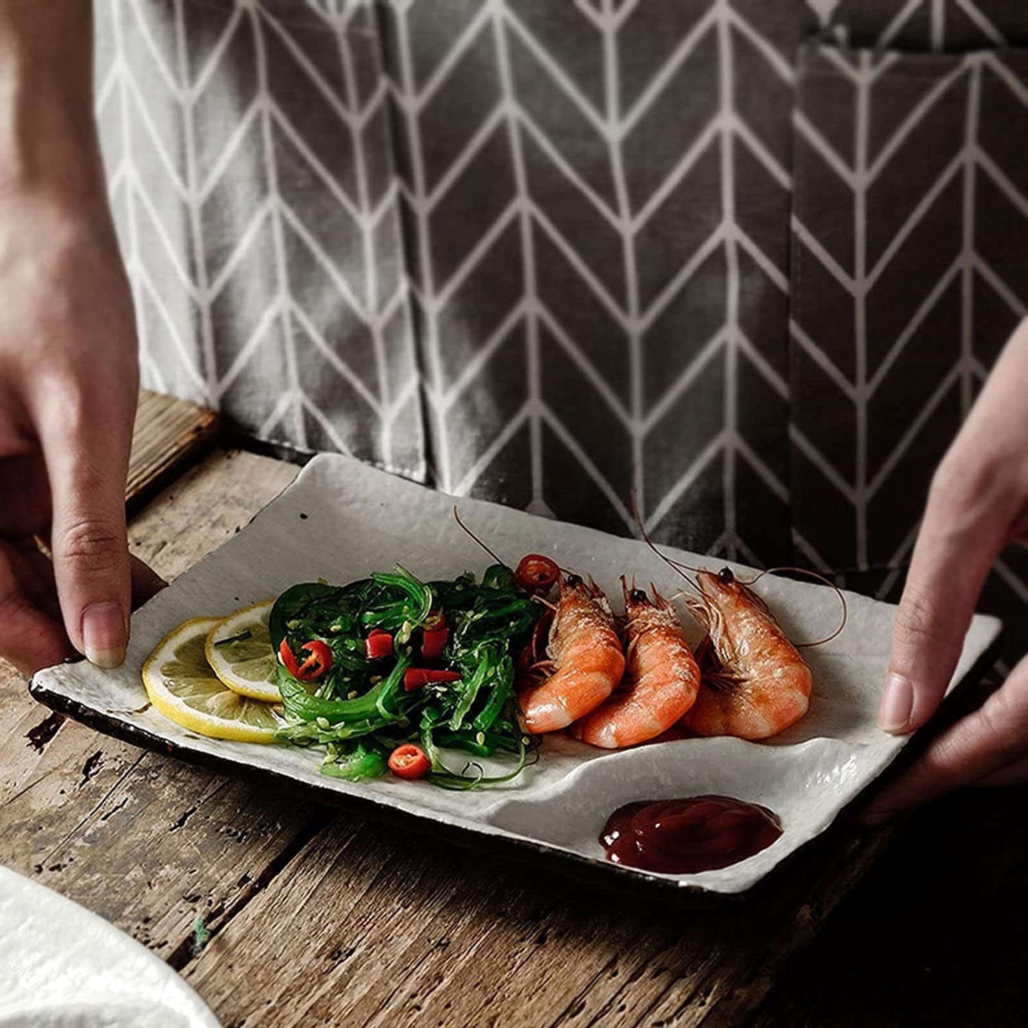 Dumpling plate with sauce dish,Fries Dish,Japanese Style Chip and Dip Bowls, Dip and Chips Serving Dish, Chip Dip Serving Platter, Fits Sushi, Dumpling, Snack-Oval (Size : Rectangular) (Size : Rectan