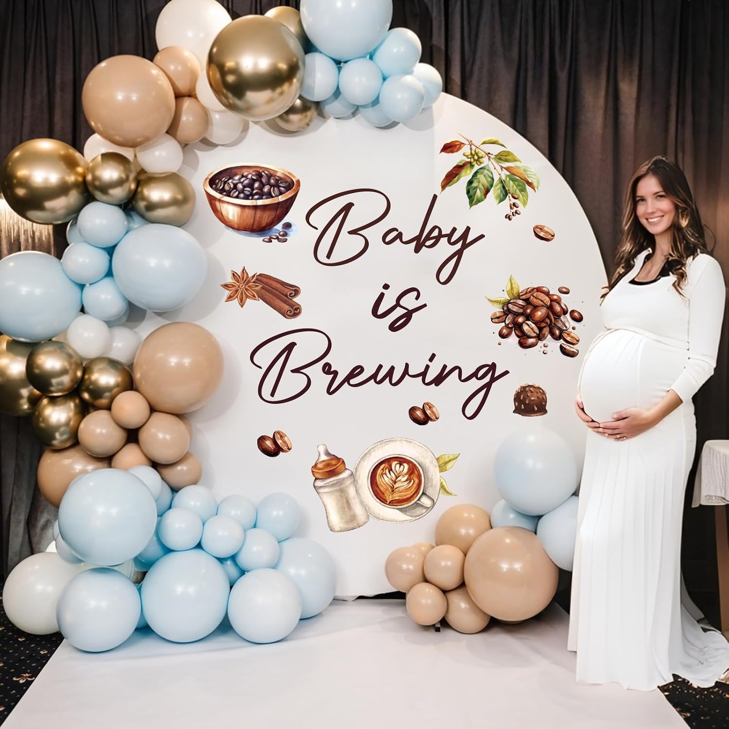 Baby is Brewing Coffee Theme Backdrop Decal with Baby Bottle & Coffee Bean Sign for Gender Reveal and Diaper Party Decorations (Sticker Only)