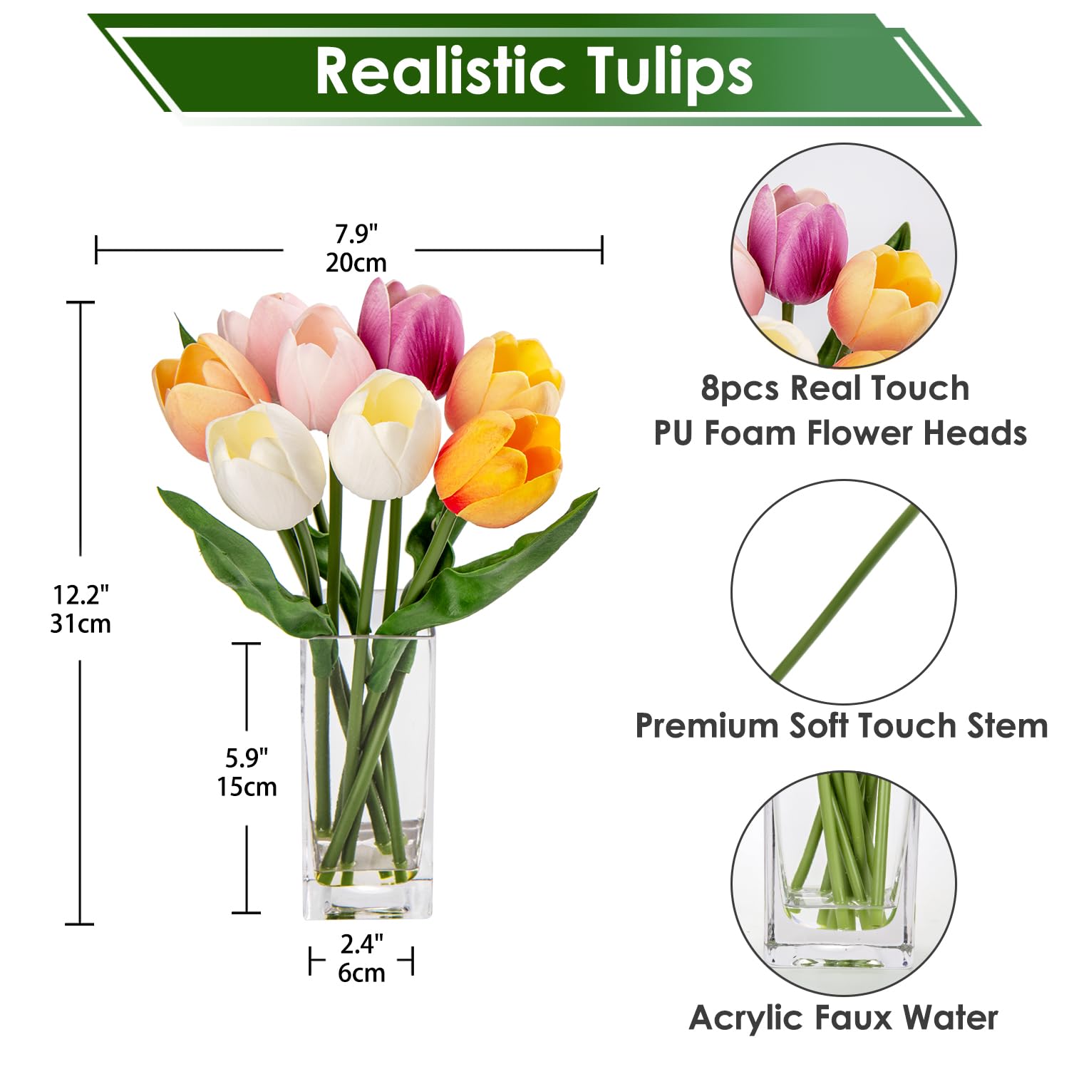 Amazon.com: Briful 假花人造鬱金香花透明花瓶多色真觸感泡沫鬱金香佈置適合家庭辦公室裝飾餐桌中心: 居家與廚房