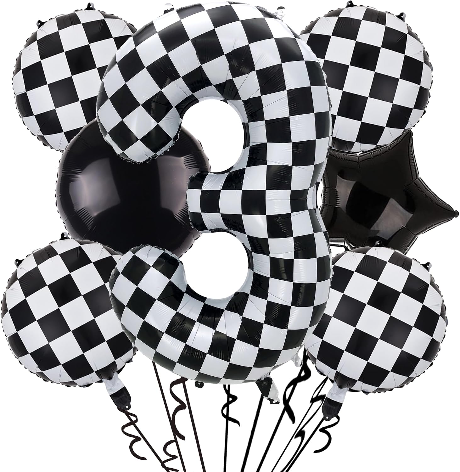 40 Inch Checkered Number Balloon 3 Large Black and White for Boys Race Car 3rd Birthday Party,Race Car Theme Number 3 Checkered Balloon Party Decor Supplies 7 Pcs