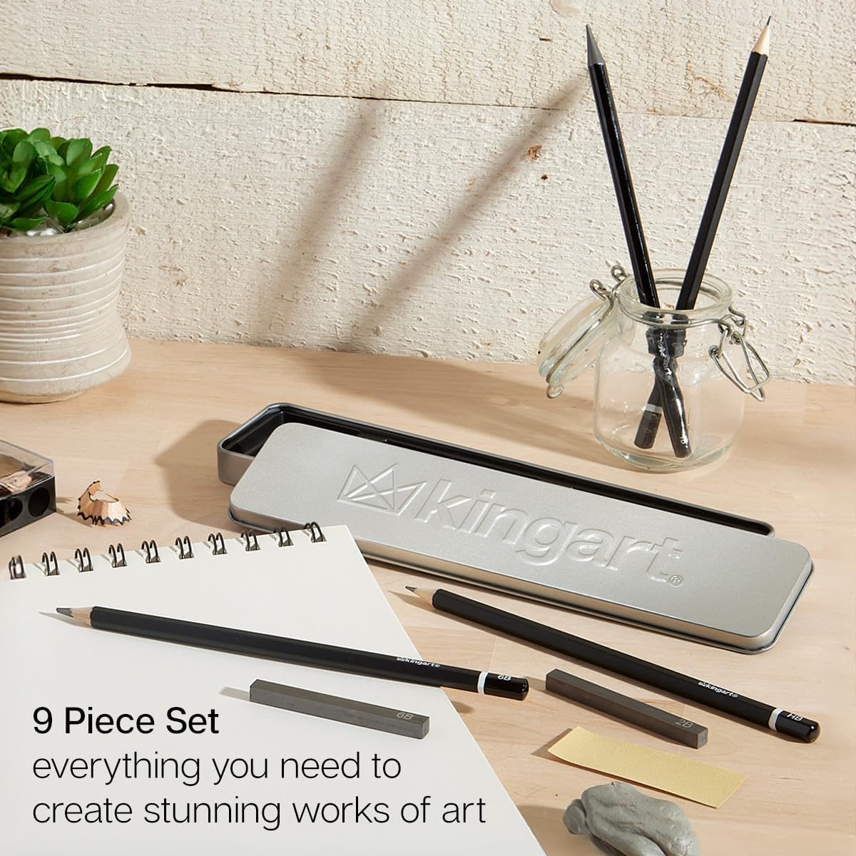 KINGART 9-Piece Travel Sketching & Drawing Tin Set — Portable Artist Kit with Graphite, Charcoal, Pastels & Accessories