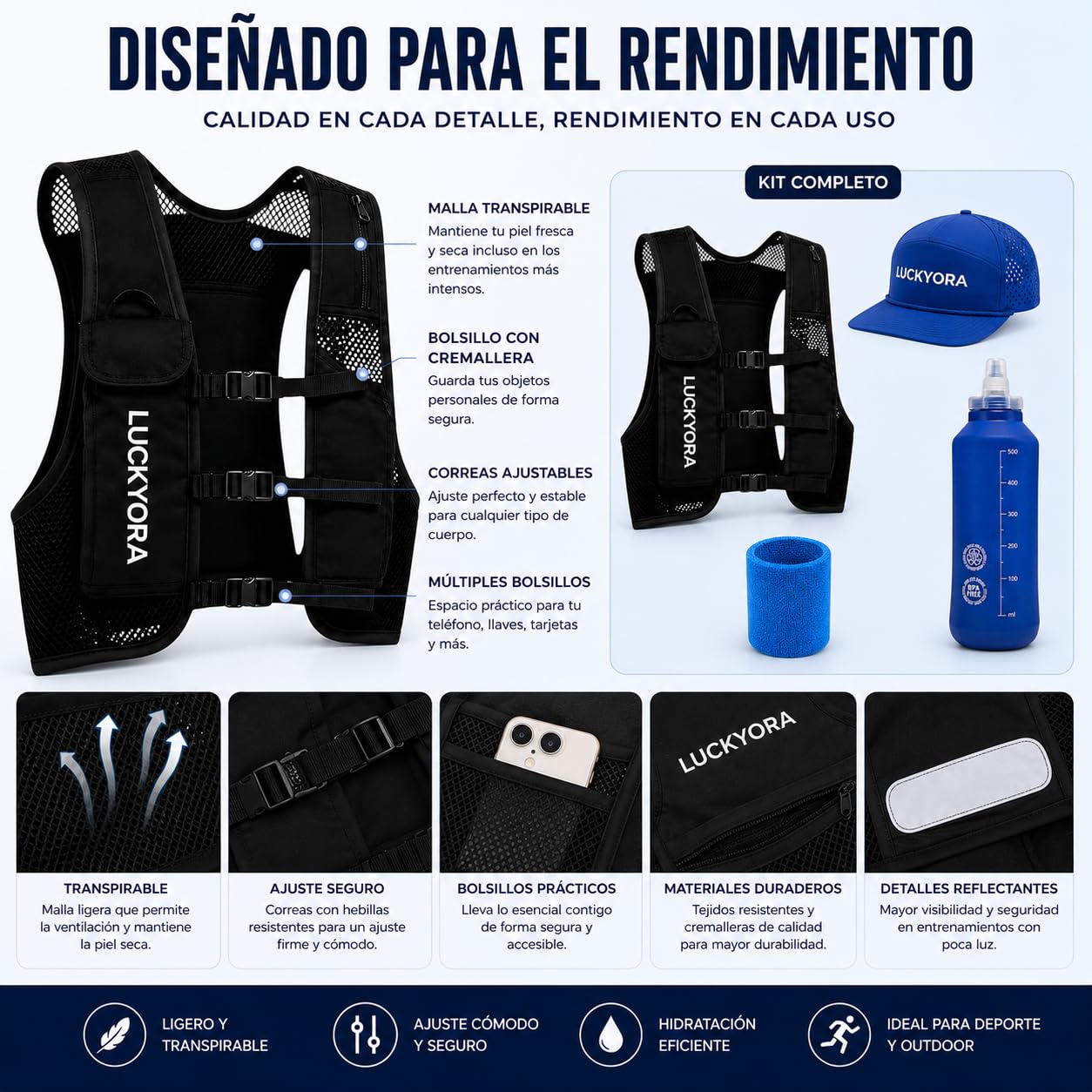 Gilet de course pour homme et femme - Sac à dos d'hydratation avec Soft Flask 500 ml, casquette et poignet - Gilet léger respirant pour course