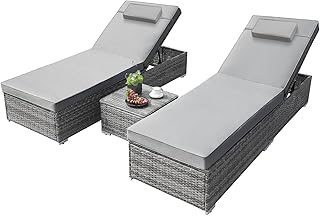 MAMIZO 3 PCS Rattan Sun Lounger, Garden Furniture Set, 5-Level Adjustable Recliner, Patio Sun Loungers Garden Outdoor Day Bed with Detachable Headrest, 8cm Thick Cushion and Coffee Table, Grey