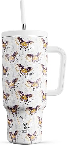 Miniatura 8 de Meoky - Vaso de 40 oz con asa, tapa a prueba de fugas y pajilla, taza de café y viaje térmica de acero inoxidable, mantiene el frío durante 34 horas