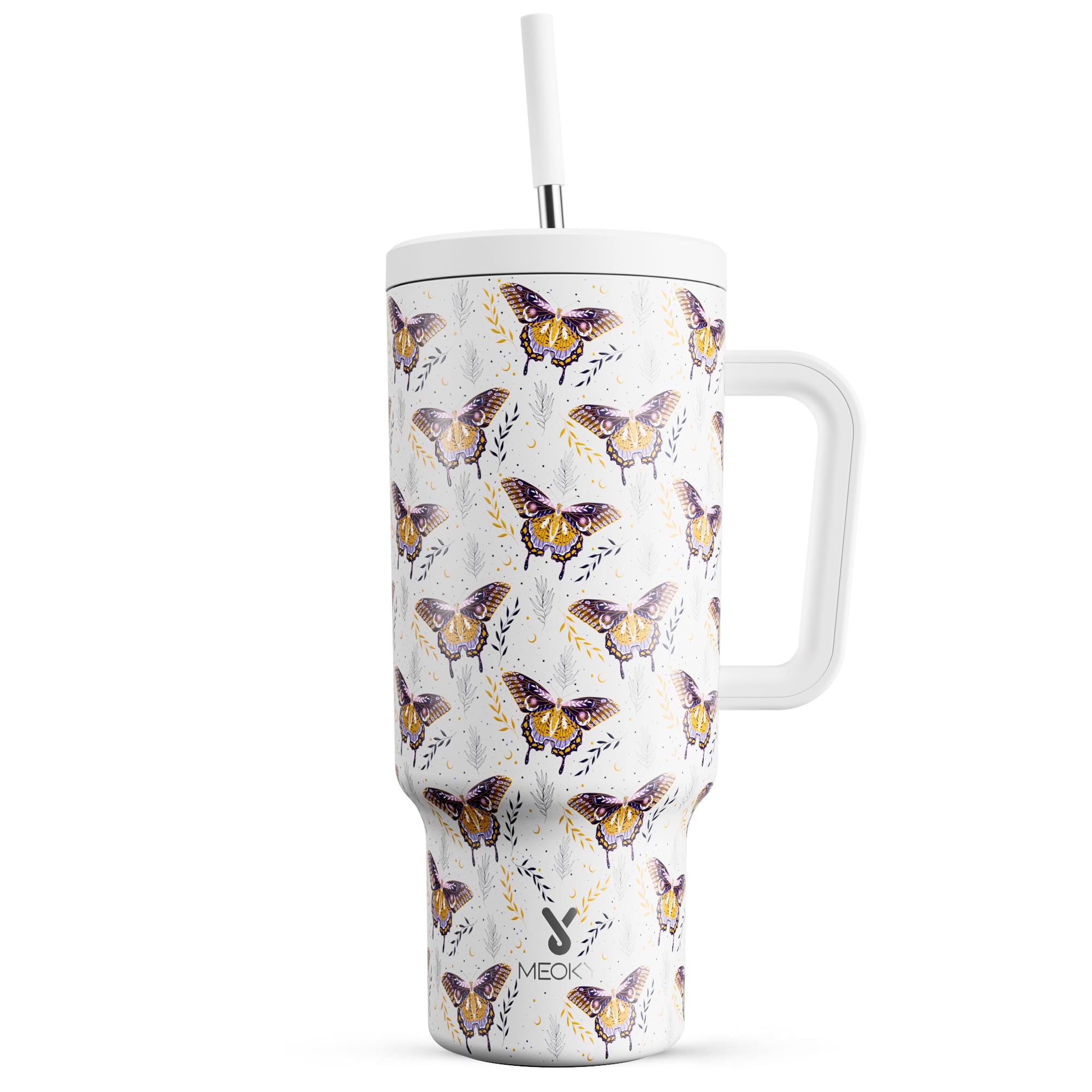 Meoky 1.2L Tumbler with Handle and Straw:Insulated Stainless Steel Tumbler with Lid and Straw, 100% Leakproof Cup for Car Cup Holder, Travellers, Commuters, Workers, Flutters