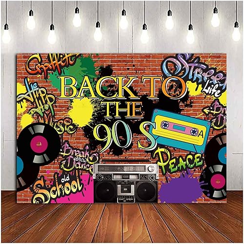 Miniatura 3 de Fondo de fotografía de fiesta temática de los años 90 Hip Hop 90th Graffiti pared de ladrillo Fondo de fotos de vinilo de 5x3 pies Retro Radio Prom