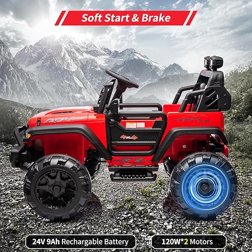 Miniatura 10 de Camión de paseo para niños de 24 V con control remoto, 2 asientos de 20 pulgadas, vehículo eléctrico con luz LED, gran espacio de almacenamiento,