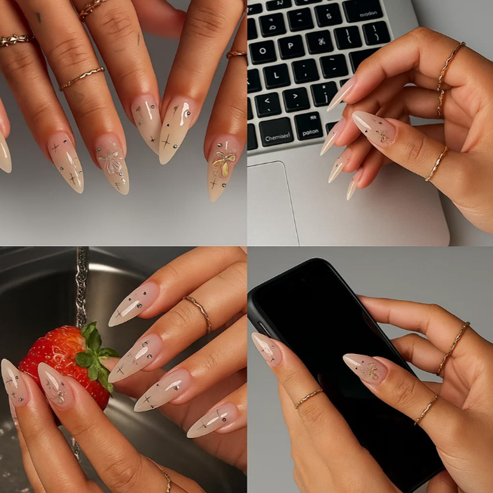 Transparent Pink Almond False Nails with Silver Rhinestones & Star Patterns - Image 4
