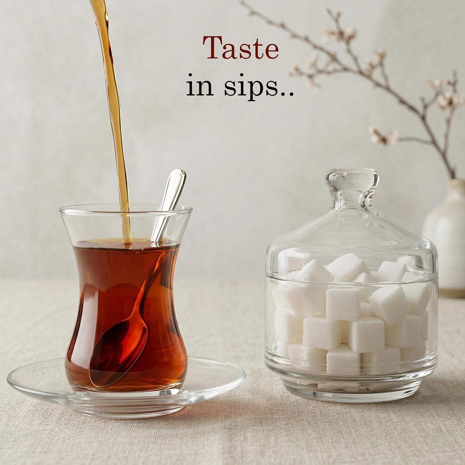 19 Pieces Turkish Tea Glasses Set Includes; 6 Glasses, Tea Cups (4.5 oz), 6 Saucers, 6 Stainless Steel Spoons and Sugar Bowl with Glass Cover (8.6 oz)