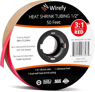 Wirefy 1/2 "أنبوب الانكماش الحراري - نسبة 31 - مبطن لاصق - انكماش حراري مقاوم - أحمر - لفة 50 قدمًا