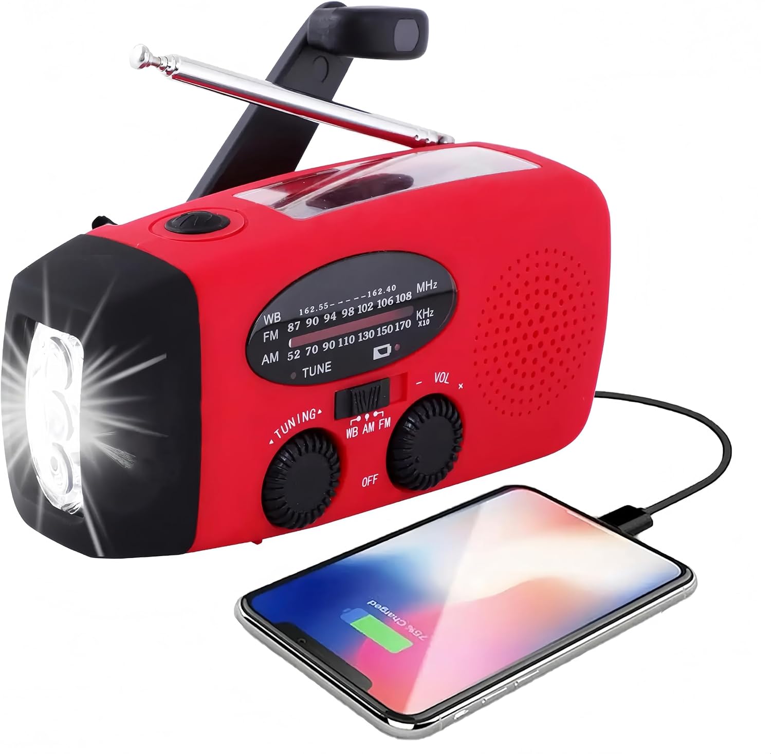 Emergency Weather Radio, Hand Crank, 4000mAH, Portable, Solar Charging, with AM/FM/NOAA, 3 LED Flashlights, Motion Sensor, Reading Lamp, SOS Alarm, Rechargeable (Red)