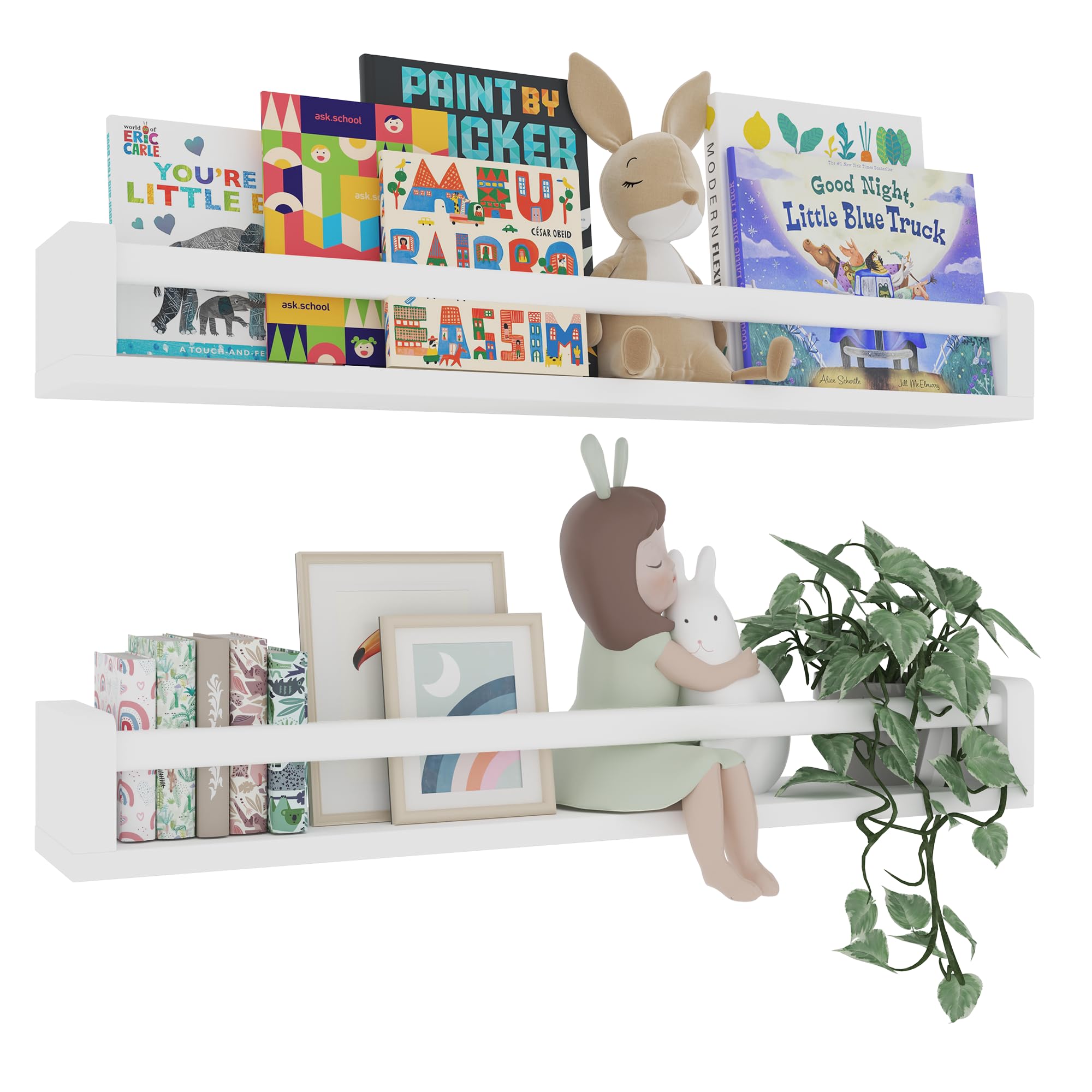 View 1 of Heimlove Nursery Floating Shelves, Solid Wood Nursery Book Shelves for Wall, 32 inch Bookshelf for Kids, Wall Mounted Shelves for Books,Toys and Decor Storage, Set of 2 (White)