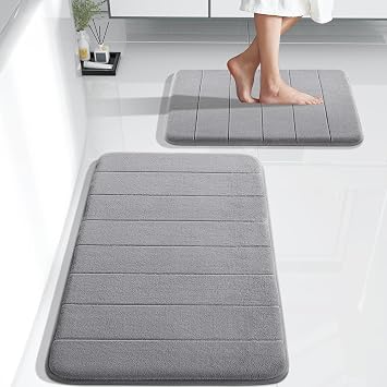 Yimobra Memory Foam Bath Mat Set, 2 Piece, Cream White, 31.5x19.8+24x17 inches, Soft, Water Absorption, Non Slip, Thick, Dry Fast for Bathroom Floor, Grey