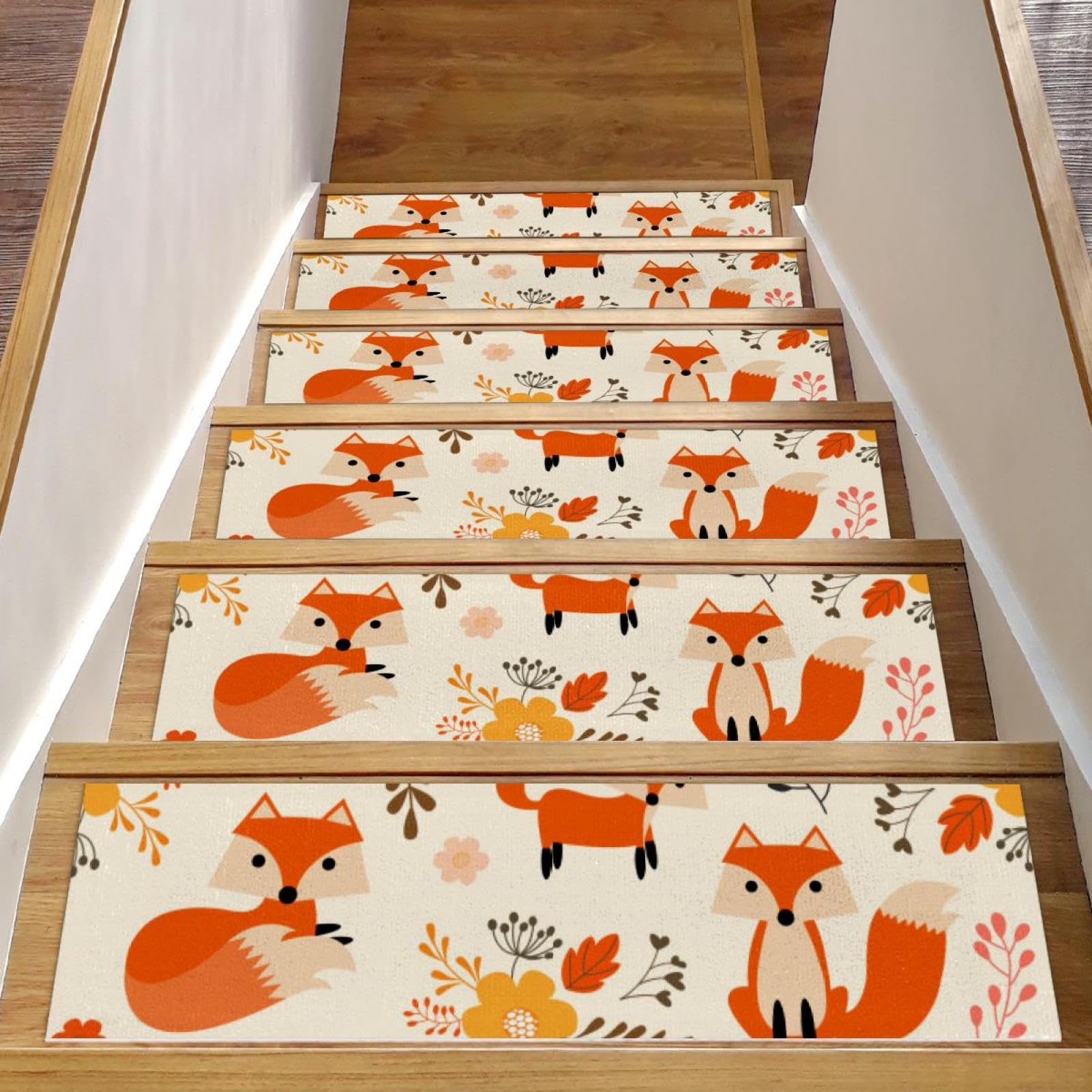 Tapis d'escalier antidérapants motif renard lot de 15 marches bois TPE