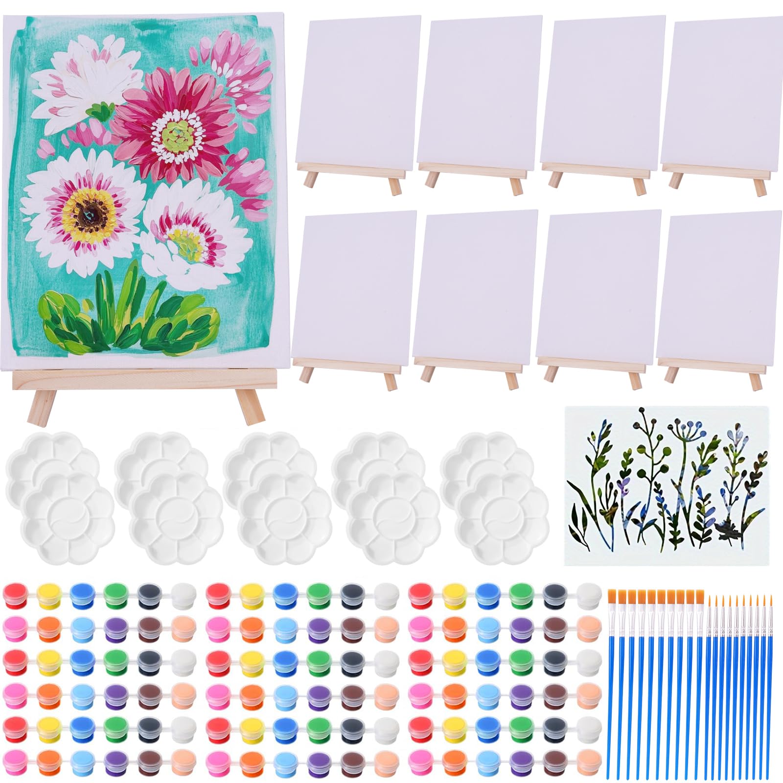 Sigowal 10 Pack 8x10 Inch Canvas and Easel Set, Art Canvas Bulk with Easel Stands, 12 Colors Mini Acrylic Paints, Small Brushes and Paint Palette for Adults Couples Paint Party Supplies