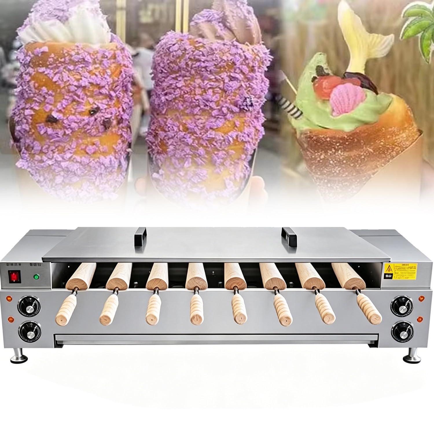 RETRIN Commercial Ice Cream Cone Grill Maker, Chimney Cake Bread Oven, Non-Stick Rollers & High Power, Toast Waffle Baking, for Restaurant & Café 8pcs