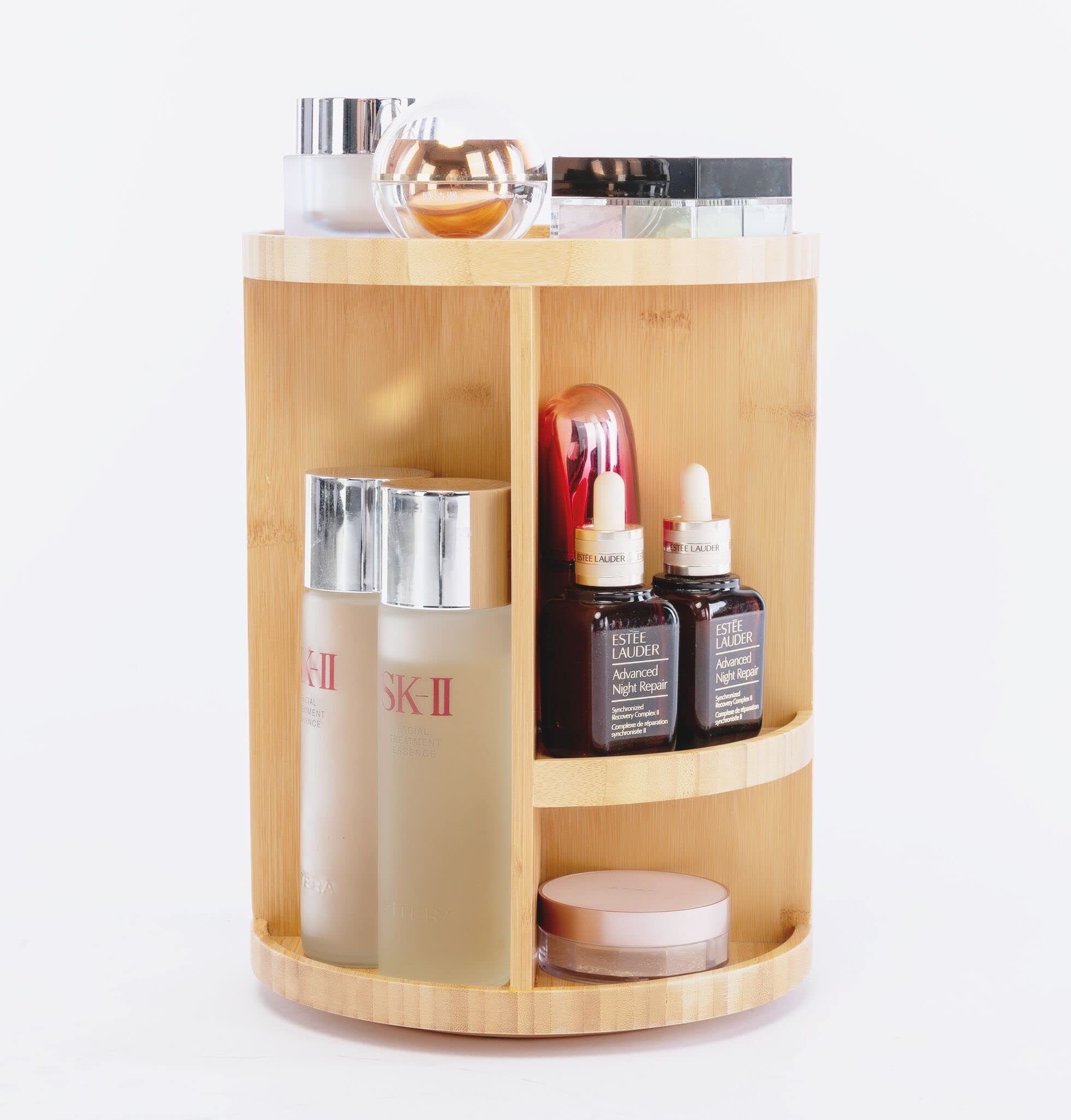 AJIAAIONE 360° Bamboo storage caddy Cosmetic Organizer, Multi-Function Storage Carousel for Makeup, Toiletries, and More — Great for Vanity, Desk, Bathroom, Bedroom, Closet, Kitchen (Bamboo)