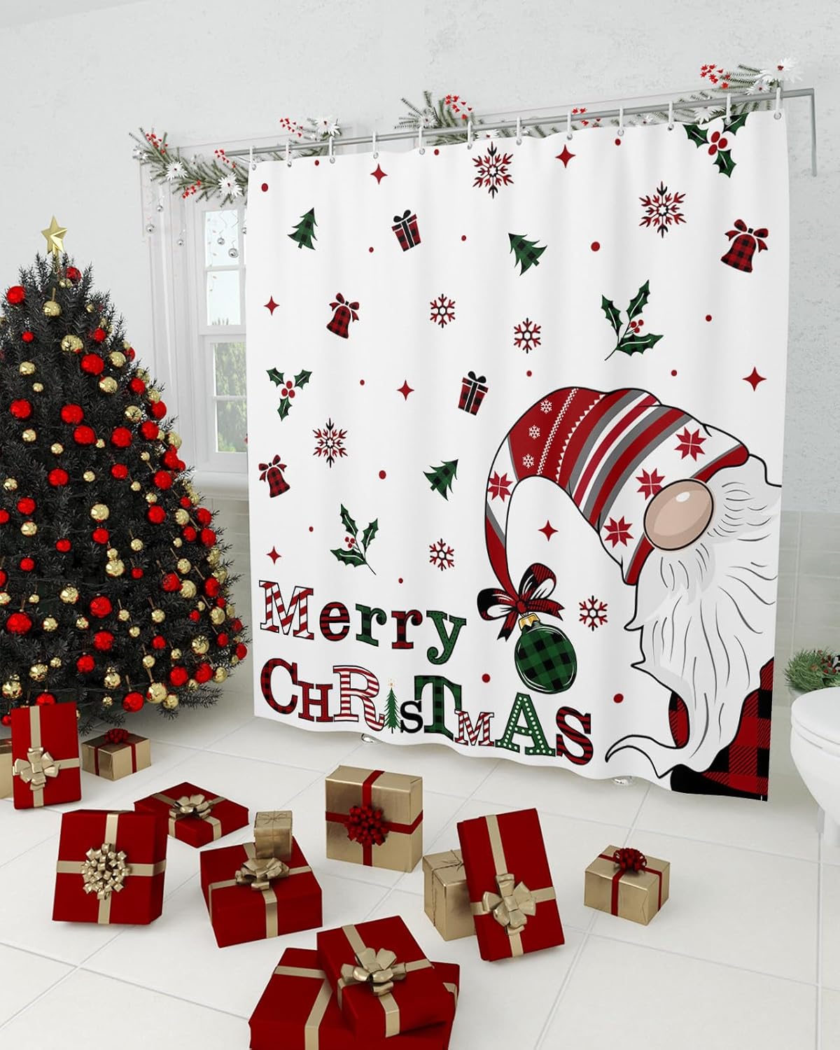 Christmas Gnomes Shower Curtain Set with Hook 72" x 96",Washable Cloth Polyester Fabric Shower+Curtain,Waterproof Bath Curtains for Bathroom,Showers,Bathtubs Decor Buffalo Plaid Pine Leaves